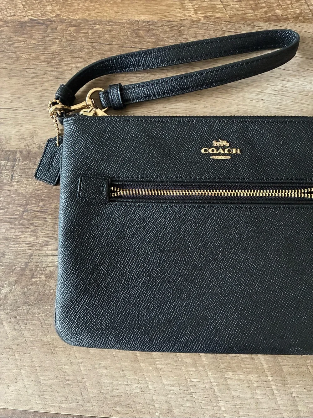 Coach Black Leather Wristlet with Gold Hardware